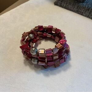 Shades of Pinks Shell with Silvertone Beads Memory Wire Bracelet